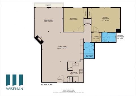 Floor plan for 2 beds, 2 baths, 1362 sqft